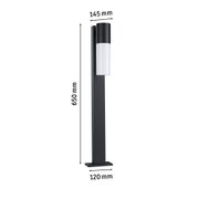 Modern black aluminum outdoor lamp post with white diffuser, dimensions 650x145x120 mm