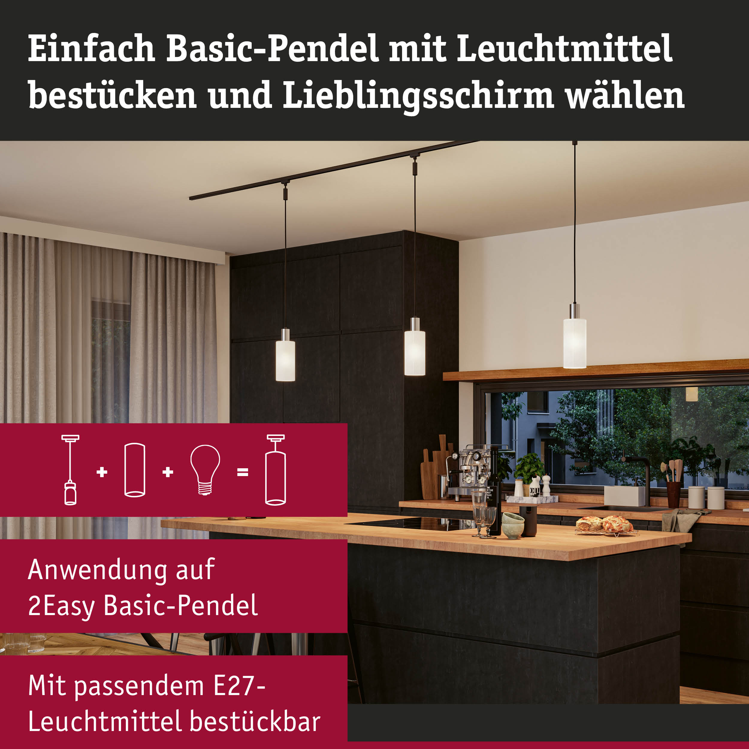 Moderne Basic-Pendelleuchte mit Glas-Schirm in Weiß und schwarzem Kabel in stilvoller Küche