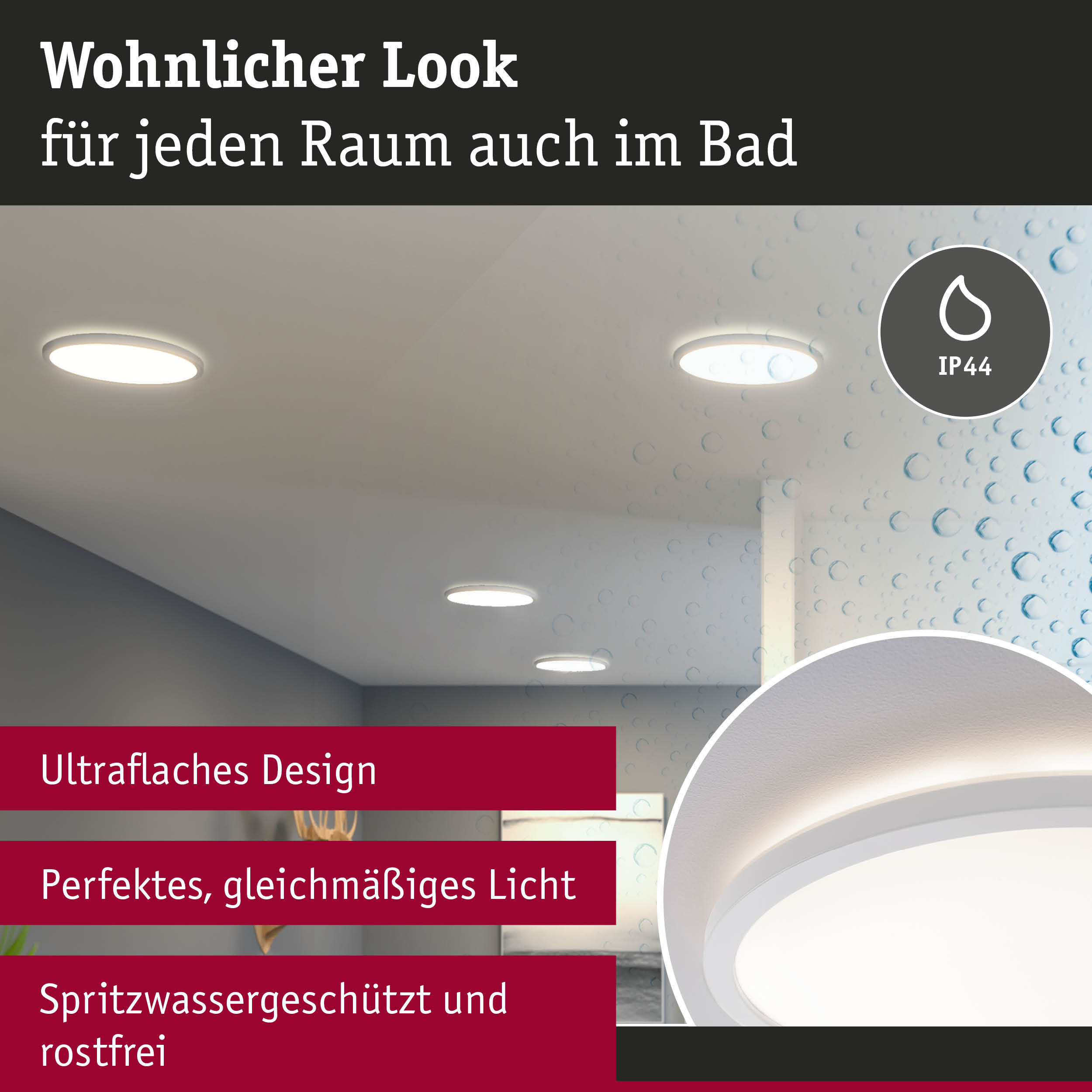 Ultraflache weiße LED-Deckenleuchte mit IP44 Schutz für Badezimmer, spritzwassergeschützt und rostfrei