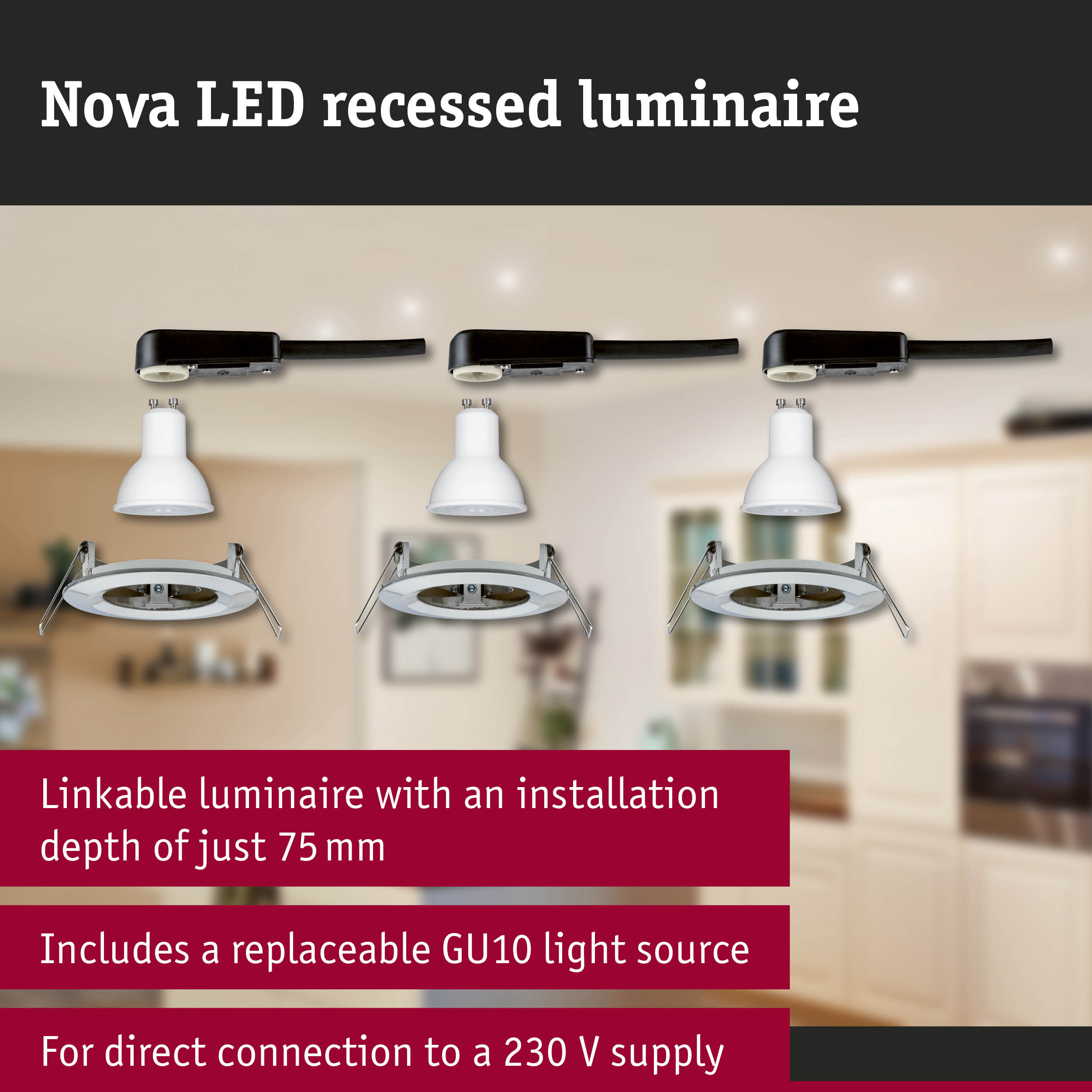 Nova LED recessed luminaire with white GU10 light source and black cable for 230 V power supply