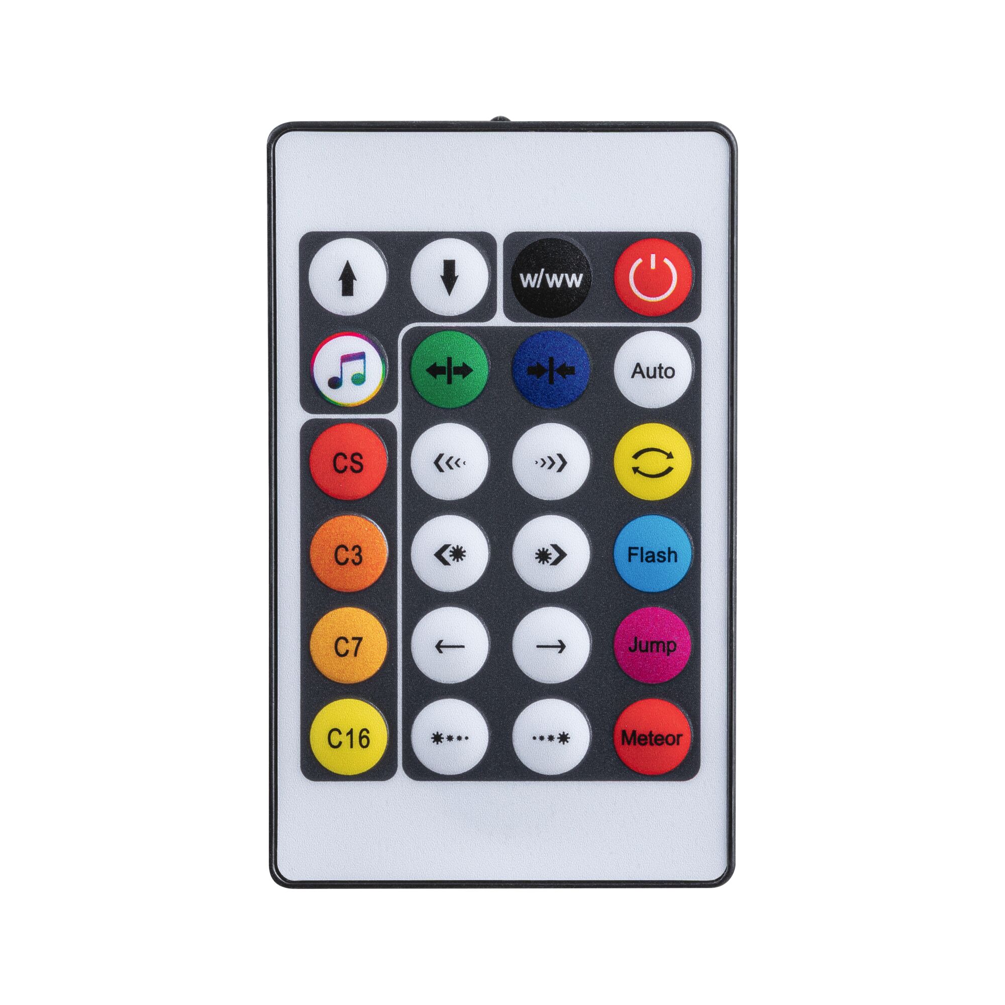 Remote control with colorful buttons for light settings and effects in black and white design