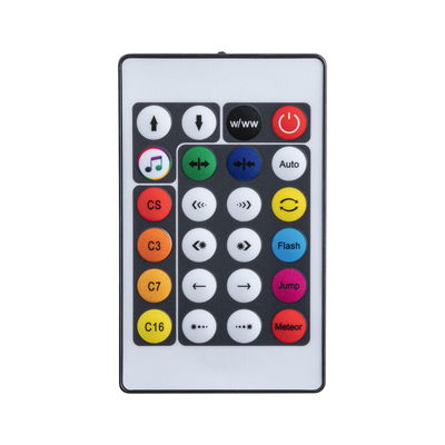 Remote control with colorful buttons for light settings and effects in black and white design