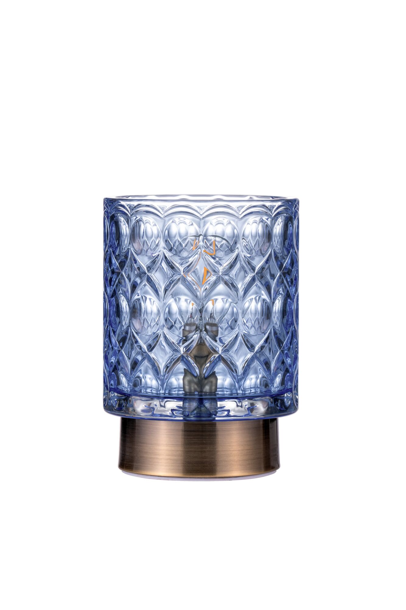Blauer Glas-Wandlichtschirm mit Muster und bronzefarbenem Metallfuß für dekorative LED-Beleuchtung