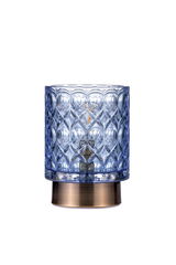 Blauer Glas-Wandlichtschirm mit Muster und bronzefarbenem Metallfuß für dekorative LED-Beleuchtung