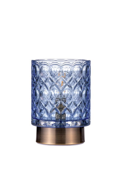 Blauer Glas-Wandlichtschirm mit Muster und bronzefarbenem Metallfuß für dekorative LED-Beleuchtung