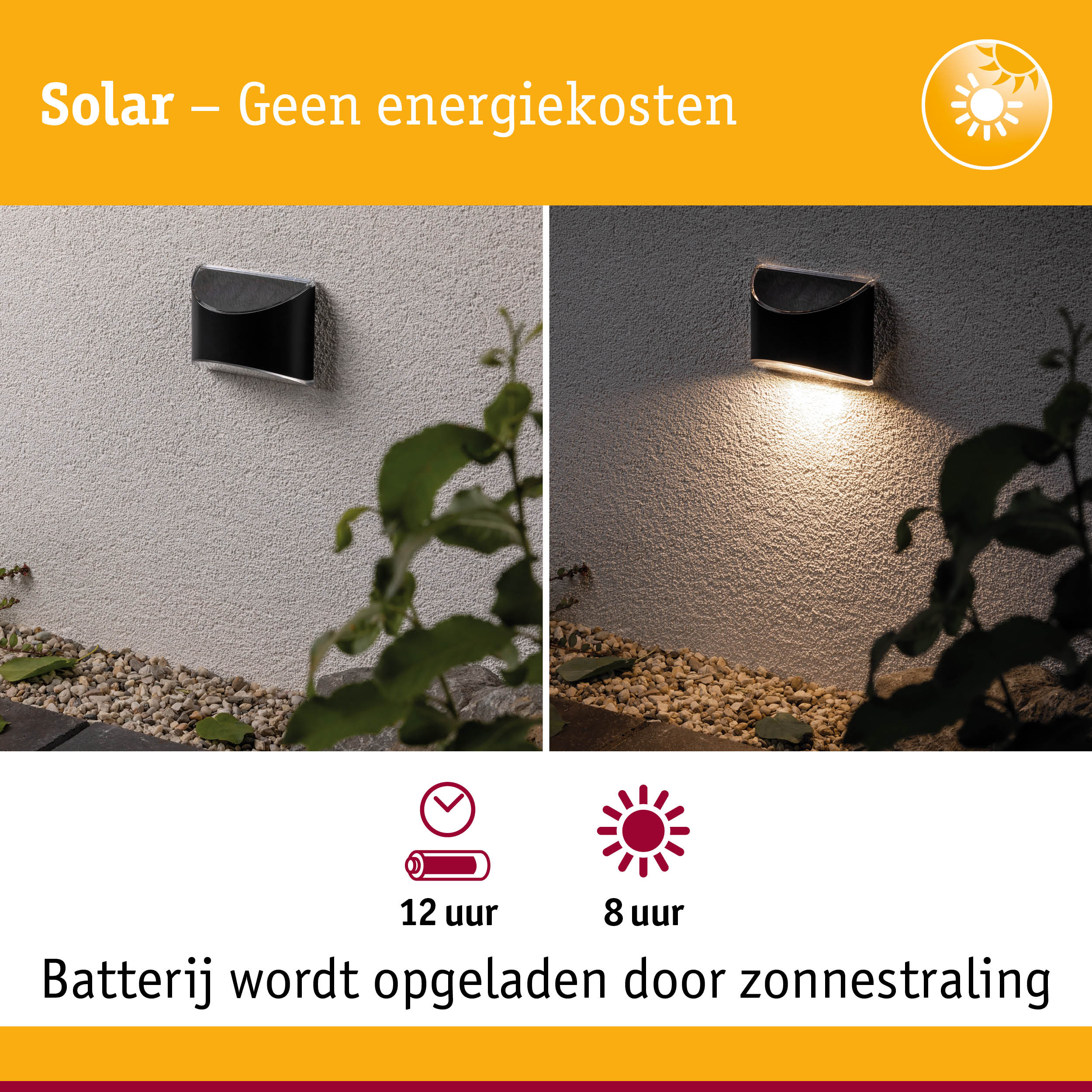 Zwarte metalen solar wandlamp op lichte muur, dag- en nachtzicht met warm wit licht