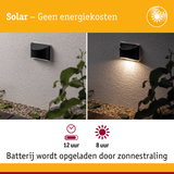 Zwarte metalen solar wandlamp op lichte muur, dag- en nachtzicht met warm wit licht
