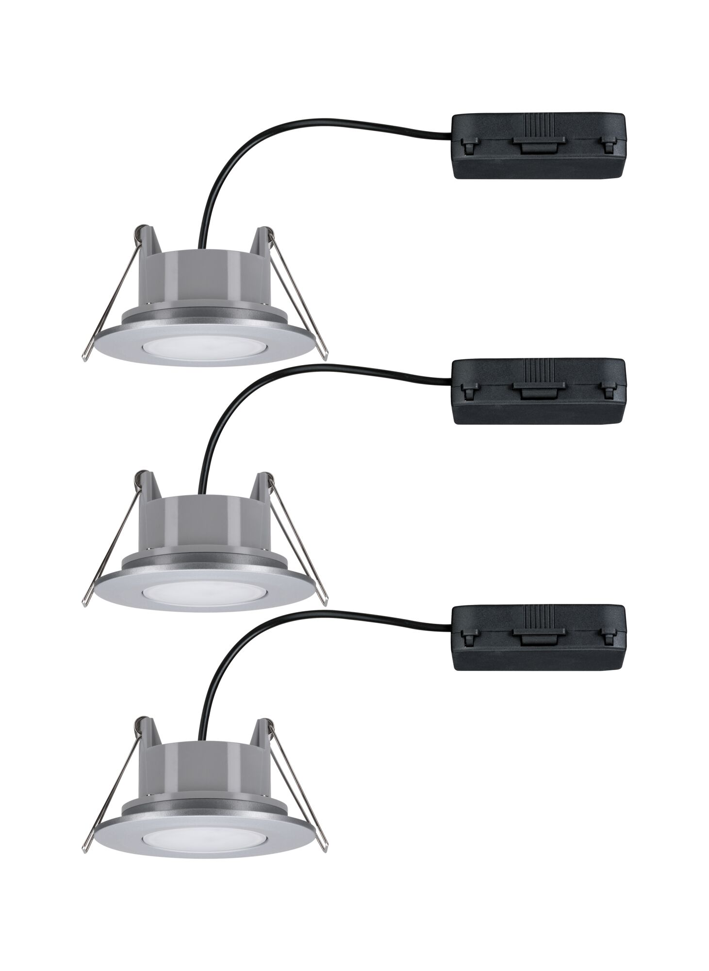 Drei runde LED-Einbaustrahler in Silber mit schwarzem Anschlusskabel für moderne Innenbeleuchtung