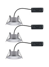 Three silver round LED recessed lights with black cables for modern indoor lighting solutions