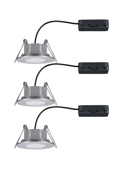 Three silver round LED recessed lights with black cables for modern indoor lighting solutions