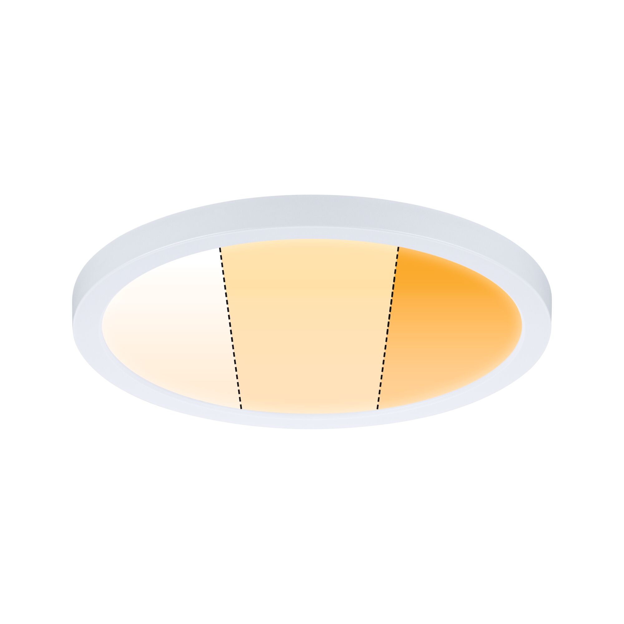 Round LED ceiling light with white frame and adjustable color temperature for living spaces