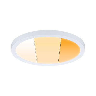 Round LED ceiling light with white frame and adjustable color temperature for living spaces