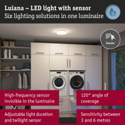 White Luiana LED ceiling light with built-in sensor for energy-efficient room illumination