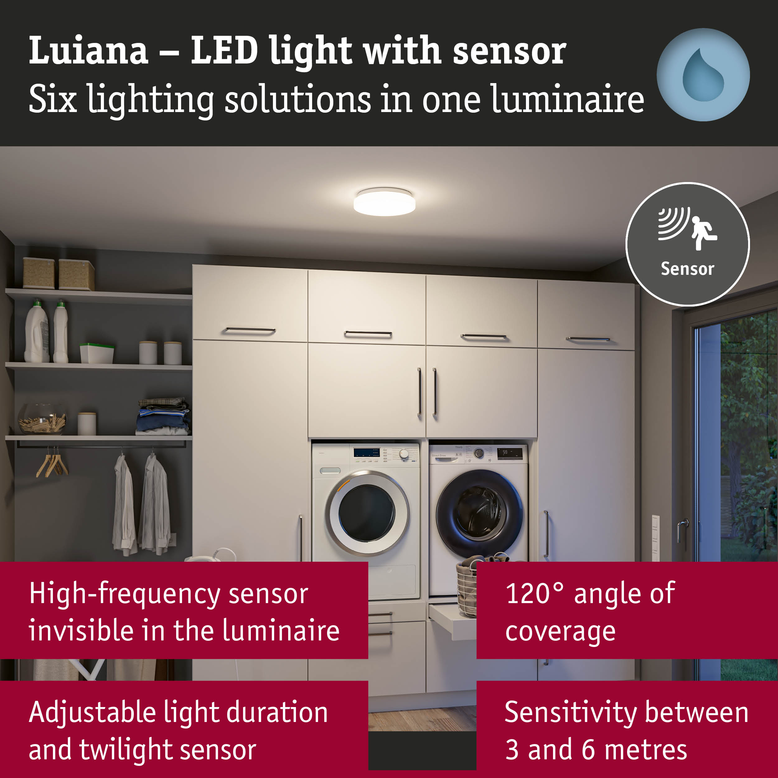 White Luiana LED ceiling light with built-in sensor for energy-efficient room illumination