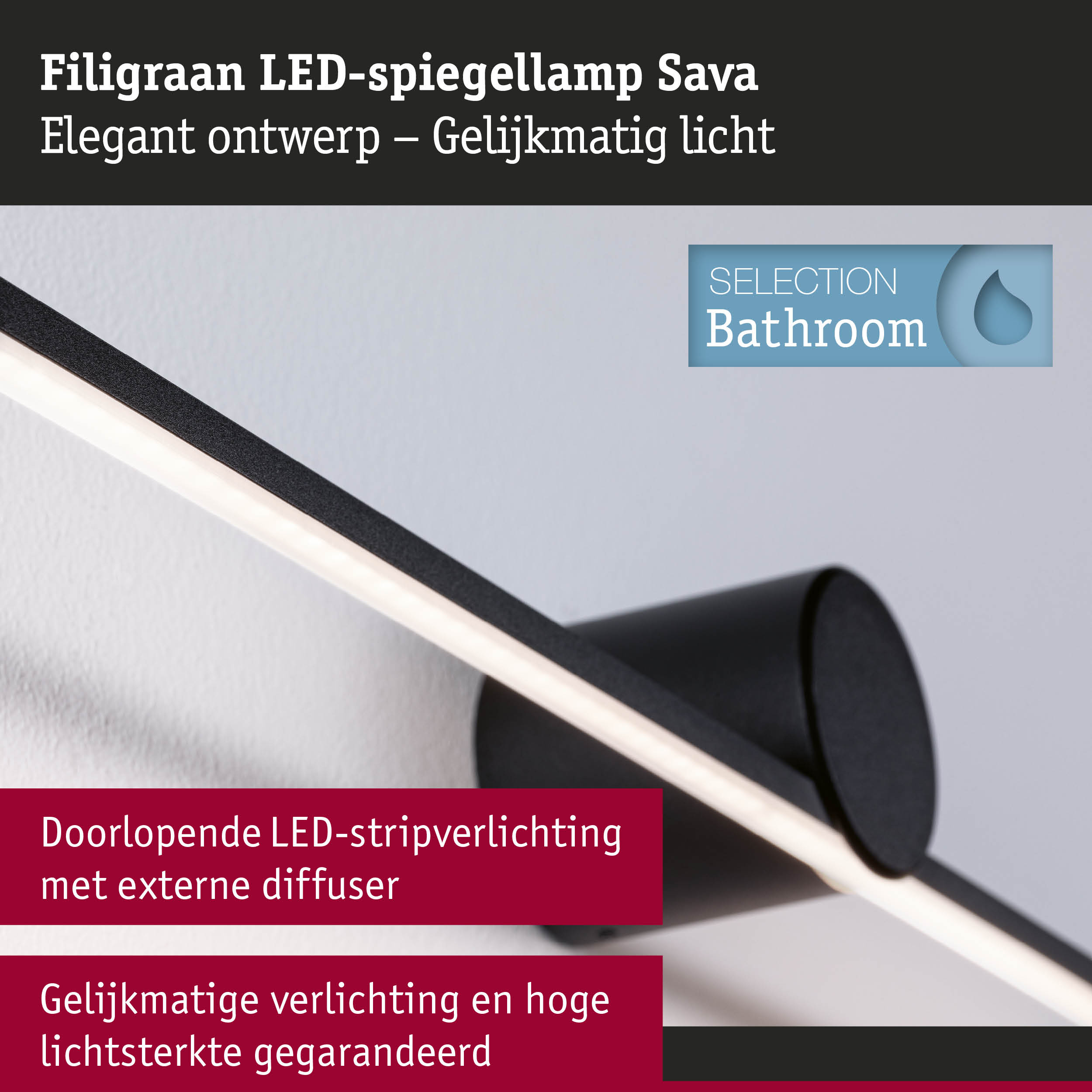 Zwarte filigrane LED-spiegellamp Sava met gelijkmatige verlichting voor badkamer