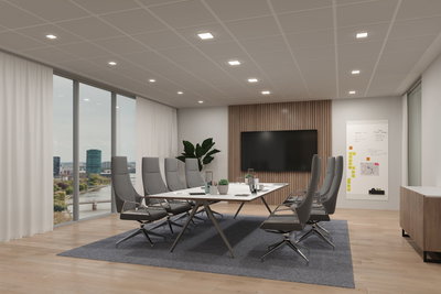 Moderne mødelokale med grå kontorstole, hvidt bord og LED-loftlys til kontorbelysning