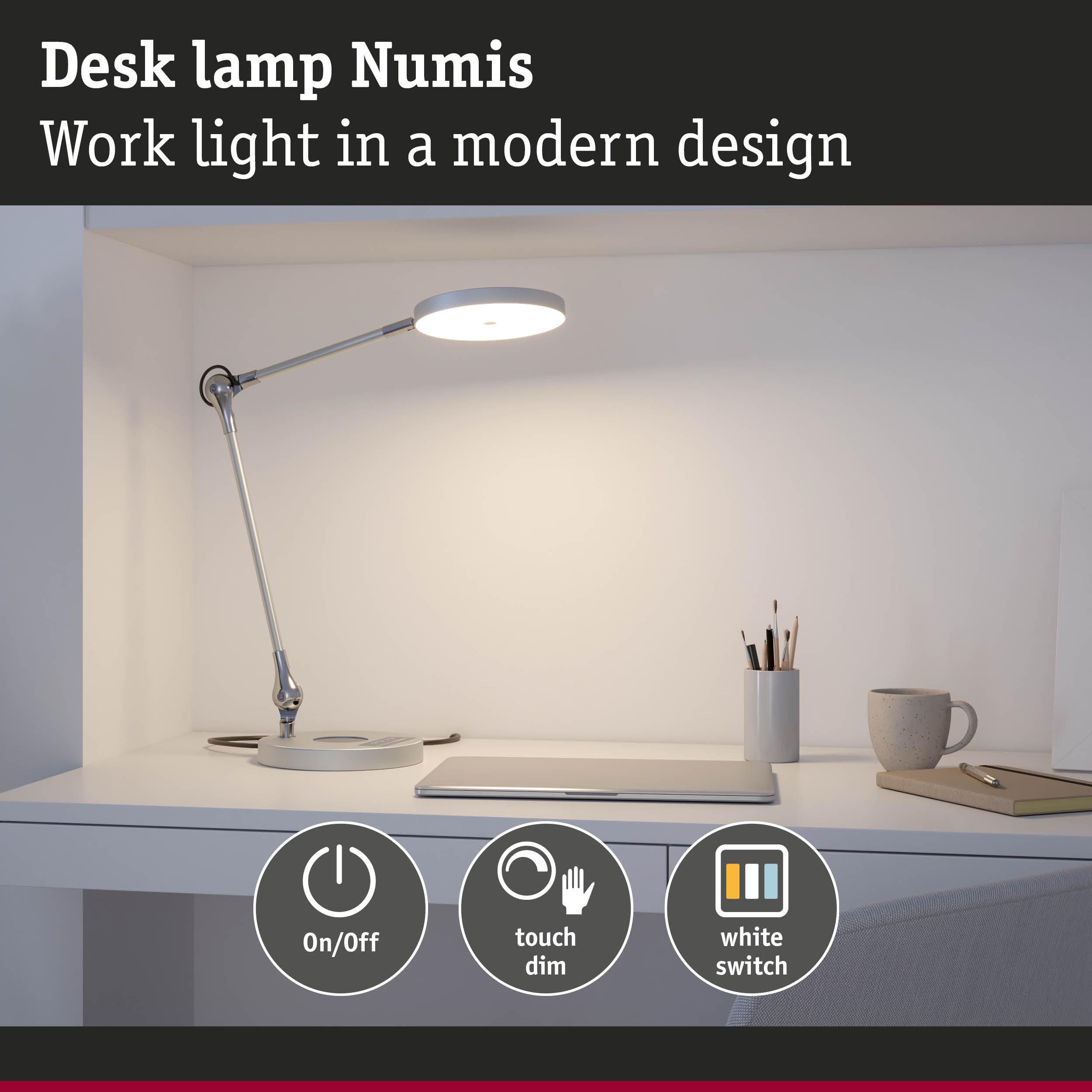 Modern white metal desk lamp Numis with touch dimmer and on-off switch providing work light
