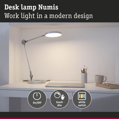 Modern white metal desk lamp Numis with touch dimmer and on-off switch providing work light