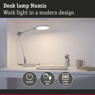 Modern white metal desk lamp Numis with touch dimmer and on-off switch providing work light