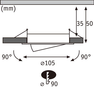 Technical drawing of recessed spotlight with 105 mm diameter and 90 mm drill hole, dimensions in mm.