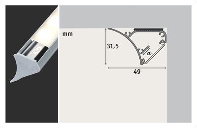 Aluminum LED profile with frosted diffuser and technical dimensions 49x31.5 mm for LED strips.