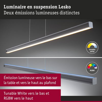 Luminaire suspendu Lesko gris avec lumière blanche réglable en bas et RGBW en haut pour éclairage polyvalent