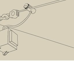 Technische tekening van beige kabelophanging met bevestigingsonderdelen voor verlichtingssystemen