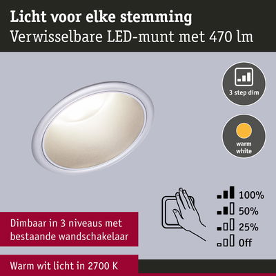 Dimbare LED-inbouwspot met warm wit licht 2700K en 470 lumen voor wandlichtschakelaar