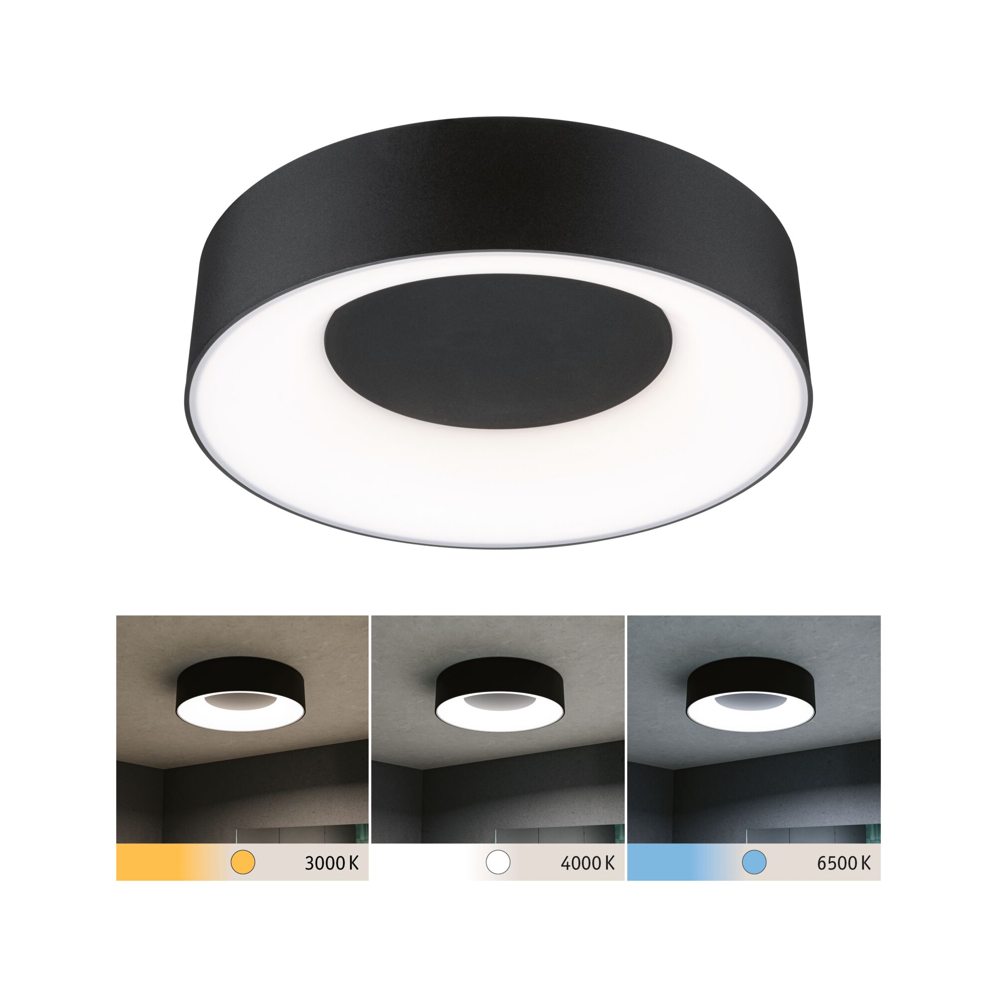 Runde schwarze LED-Deckenleuchte mit einstellbarer Farbtemperatur von 3000K bis 6500K für Wohnräume