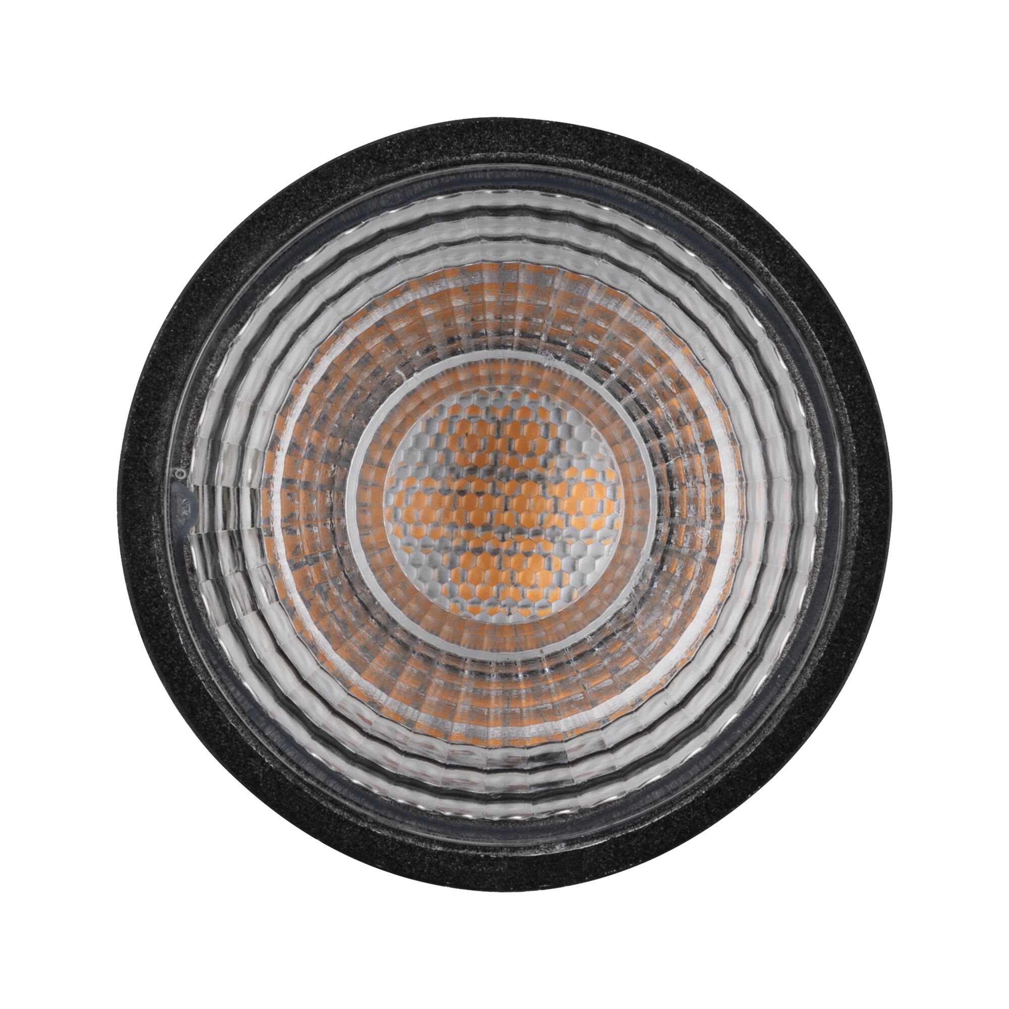 Round LED recessed spotlight glass with black rim and orange LED chips for modern lighting solutions
