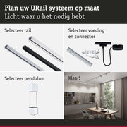 Modulair URail railsysteem met rails, connectoren en pendellampen voor flexibele LED-verlichting.