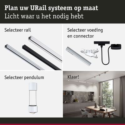 Modulair URail railsysteem met keuze uit rails, voeding en witte pendellamp voor woonverlichting