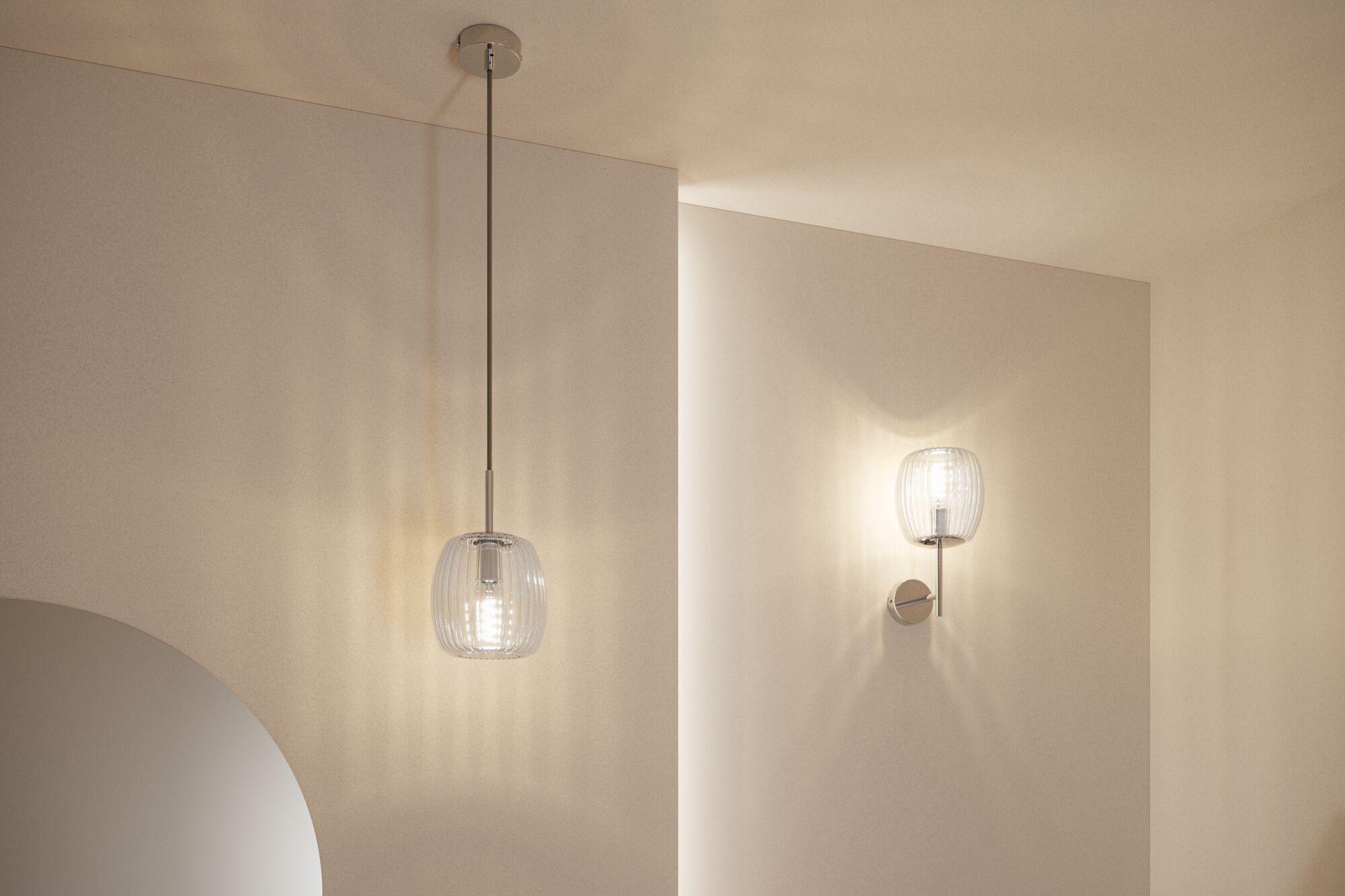 Moderne Pendel- und Wandleuchte mit transparentem Glas und Metall in Silber für stilvolle Innenbeleuchtung