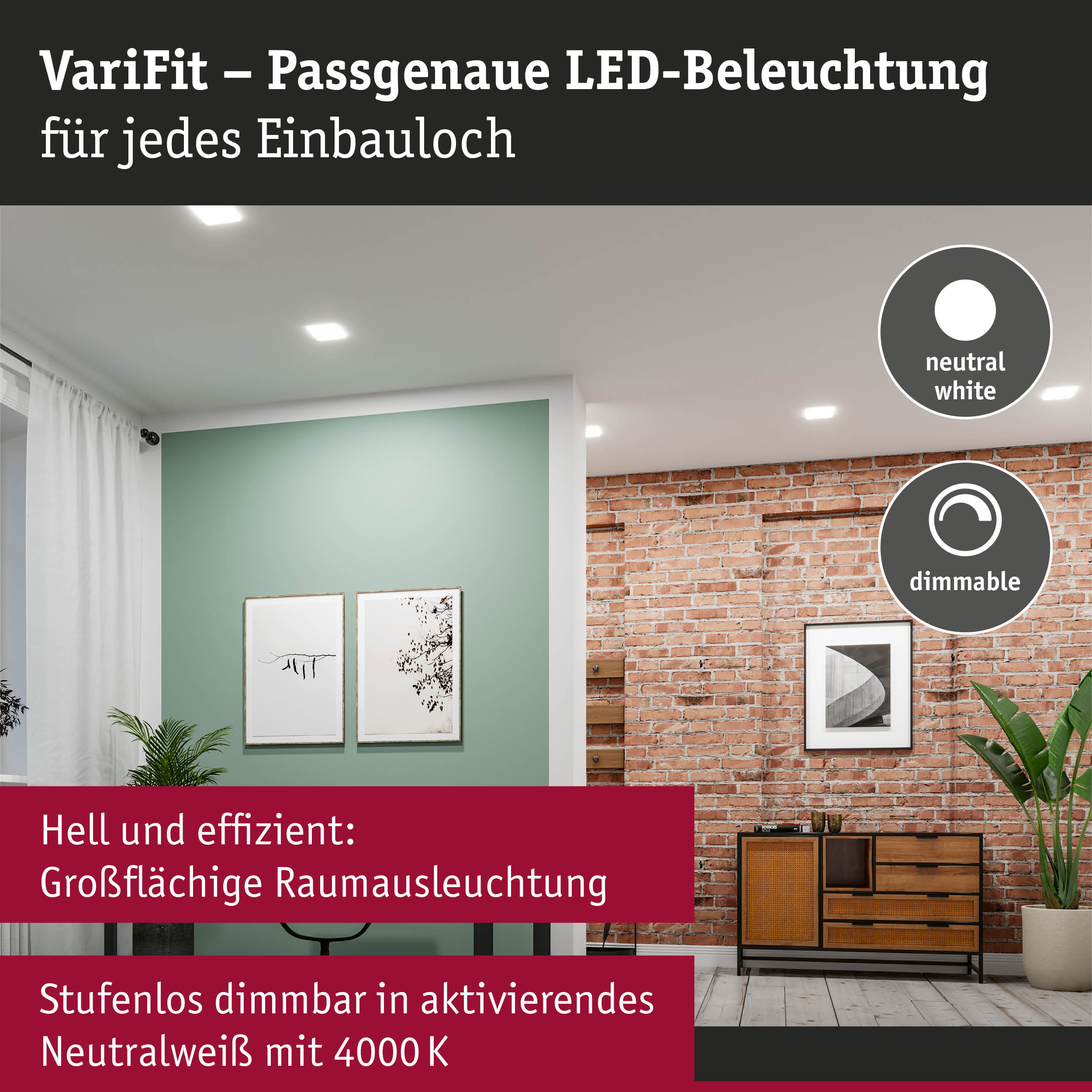 Wohnzimmer mit dimmbarer, neutralweißer LED-Deckenbeleuchtung für effiziente Raumausleuchtung