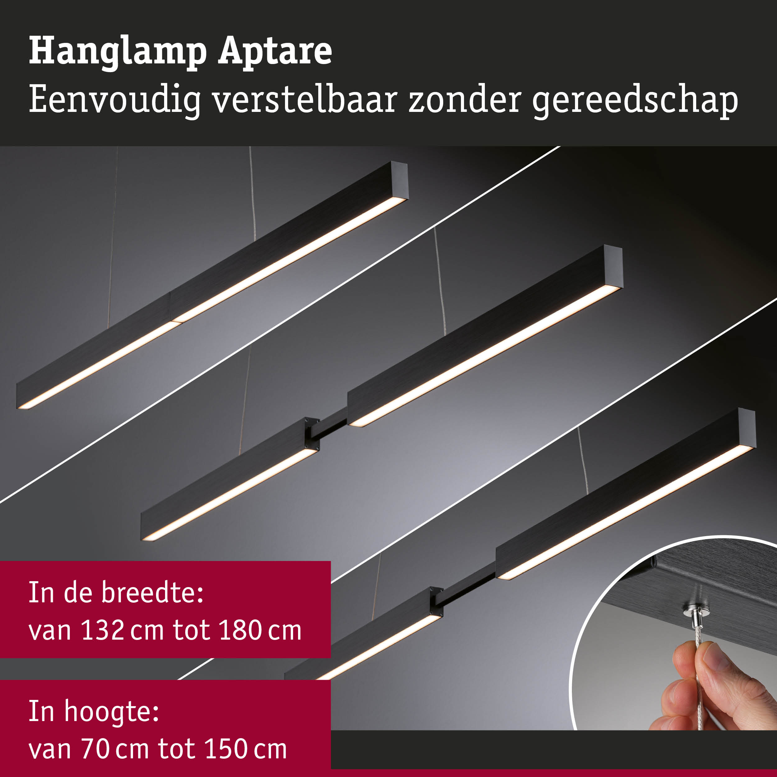 Zwarte houten Aptare LED hanglamp, eenvoudig in hoogte verstelbaar zonder gereedschap, moderne plafondlamp