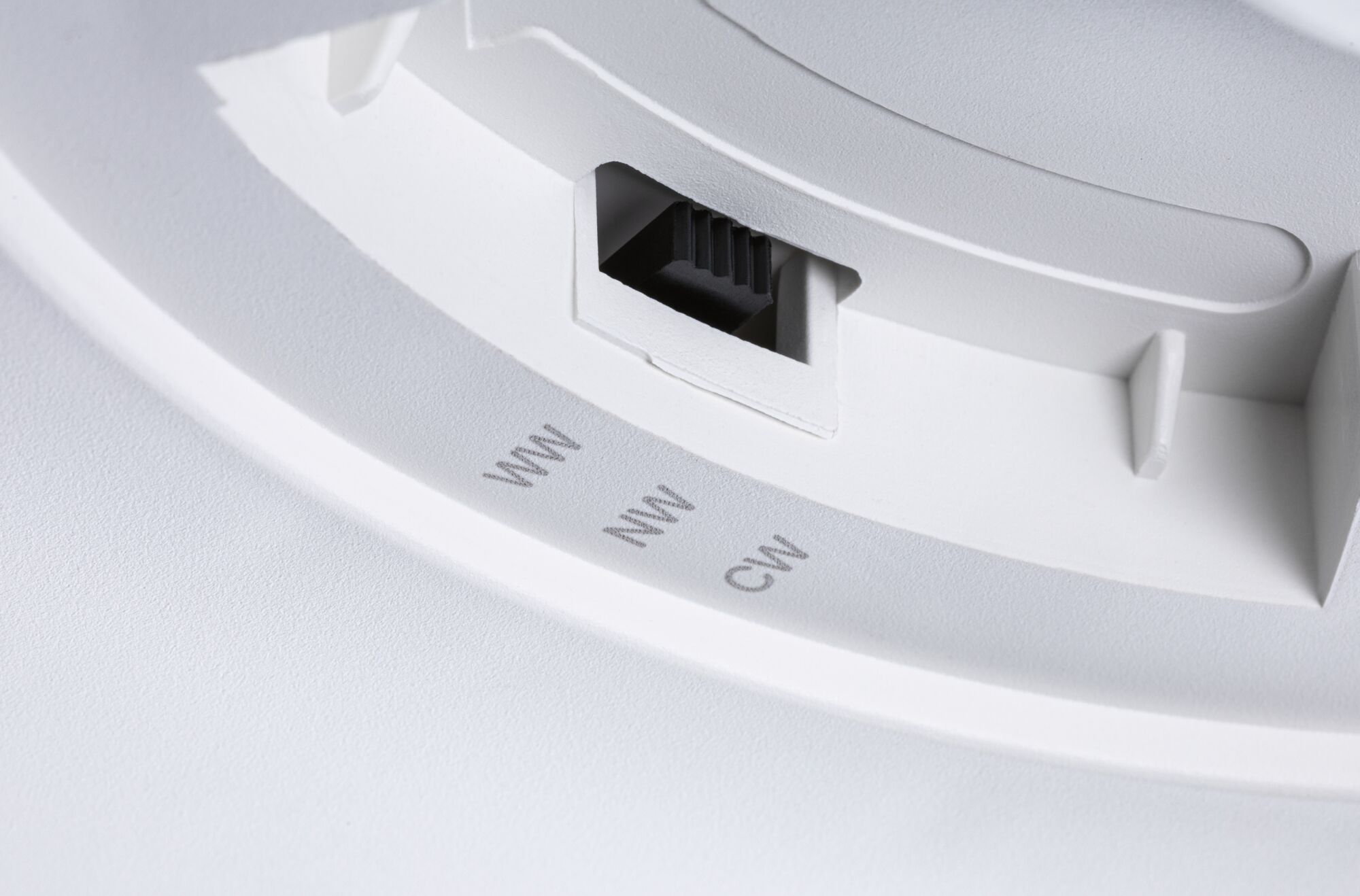 White plastic rotary switch with WW, NW, and CW light color settings for LED lighting control