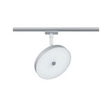 Round silver LED spotlight with white diffuser for track lighting in a modern design
