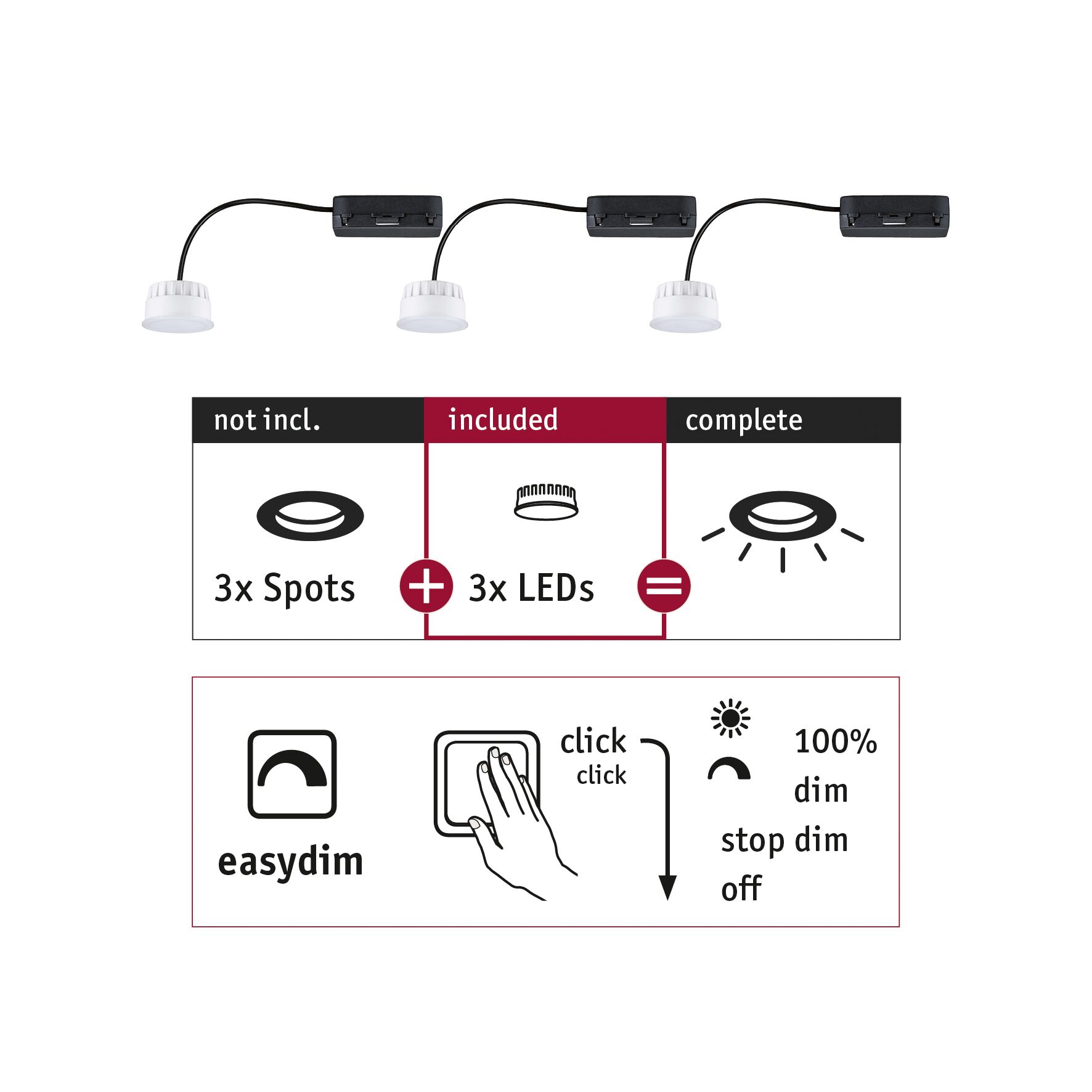 Three white LED modules with black cable and connector, including dimmer function for LED spotlights.