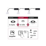 Three white LED modules with black cable and connector, including dimmer function for LED spotlights.