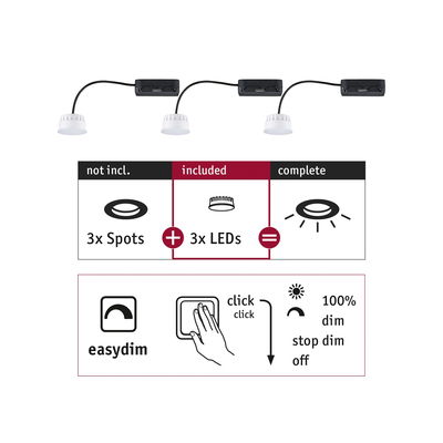 Three white LED modules with black cable and connector, including dimmer function for LED spotlights.