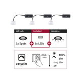 Drie witte LED-modules met zwarte kabel en connector, inclusief dimfunctie voor LED-spots.