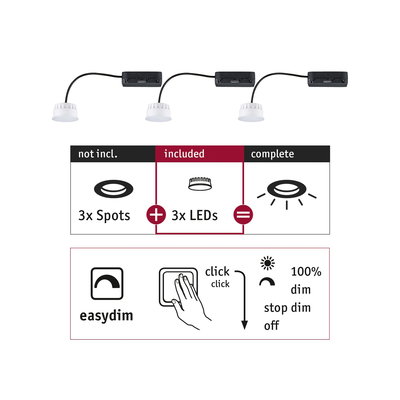 Drie witte LED-modules met zwarte kabel en connector, inclusief dimfunctie voor LED-spots.