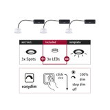 Drei weiße LED-Module mit schwarzem Kabel und Steckverbindung, inklusive Dimmerfunktion für LED-Spots.