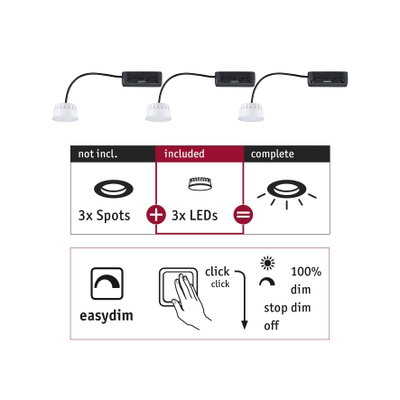 Drei weiße LED-Module mit schwarzem Kabel und Steckverbindung, inklusive Dimmerfunktion für LED-Spots.