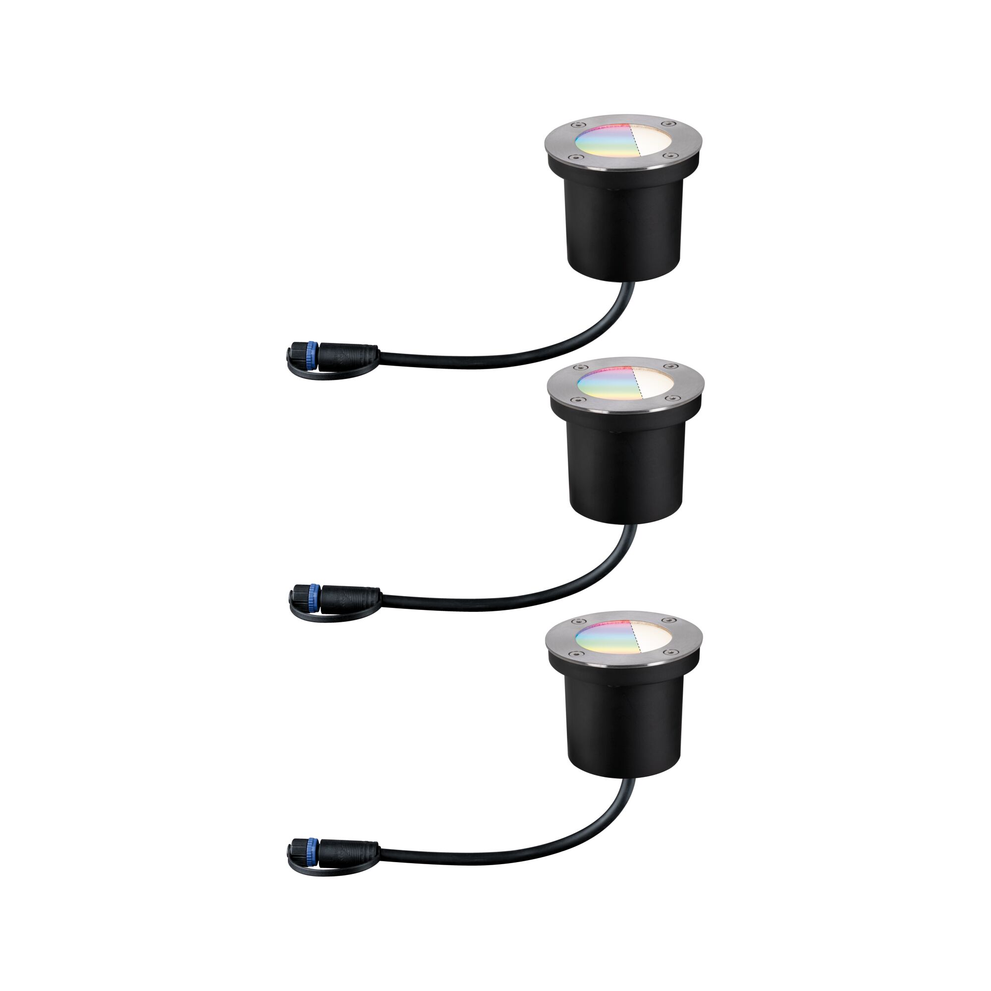 Trois spots LED encastrés noirs avec bord en acier inoxydable et câble pour éclairage extérieur.