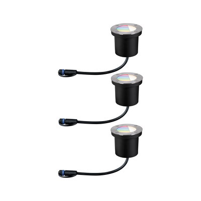 Drei schwarze LED-Bodeneinbauleuchten mit Edelstahlrand und Kabel für Außenbeleuchtung.