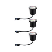 Drei schwarze LED-Bodeneinbauleuchten mit Edelstahlrand und Kabel für Außenbeleuchtung.