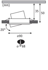 Technical drawing of adjustable recessed spotlight with 90 mm diameter and 20-degree tilt angle.
