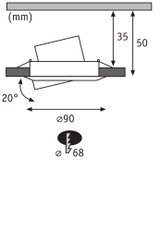 Technische Zeichnung eines einstellbaren Einbaustrahler mit 90 mm Durchmesser und 20 Grad Neigung.