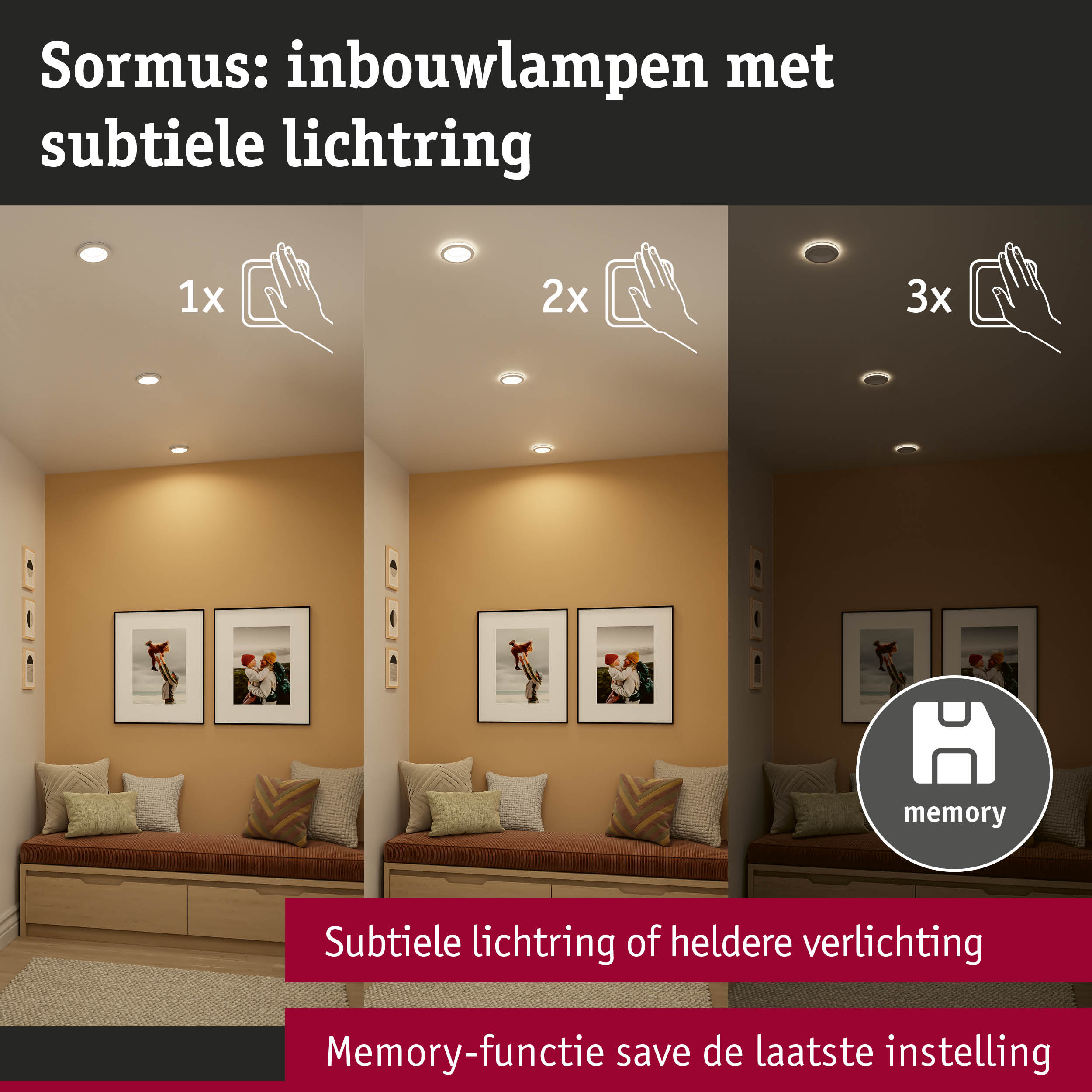 Sormus inbouwlampen met subtiele lichtring en geheugenfunctie in gezellige kamer voor lichtregeling